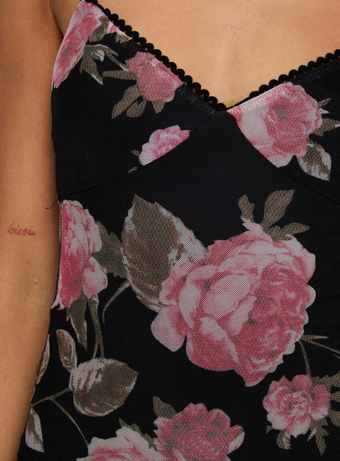 back view of model wearing Princess Polly Manolis Maxi Dress Black / Floral V-Neck 