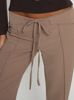 back view of model wearing Princess Polly Narratives Wrap Tie Trouser Pant Taupe Mid Rise Pants 