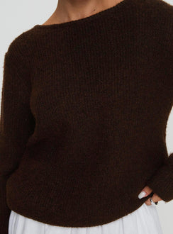 back view of model wearing Princess Polly Abrams Rib Knit Crew Sweater Chocolate Marle Longline Jumpers 