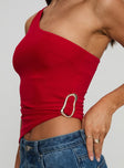 back view of model wearing Princess Polly Machiatto One Shoulder Top Red Sleeveless Asymmetric Neckline 