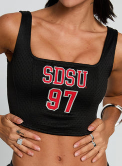 back view of model wearing Princess Polly SDSU Jersey Corset Top Black Sleeveless Square Neck 