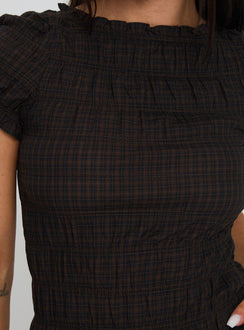 Romelle Shirred Top Black / Brown Plaid Petite