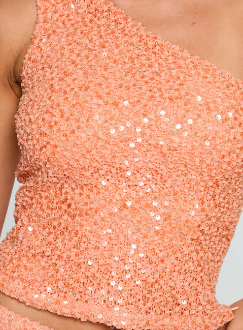 product Princess Polly Zaraya Sequin One Shoulder Top Orange Sleeveless Asymmetric Neckline 