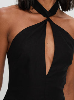 back view of model wearing Princess Polly Rapture Halter Maxi Dress Black Plunger 