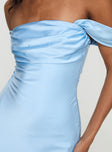 back view of model wearing Princess Polly Azura Off The Shoulder Maxi Dress Blue Straight Neck 