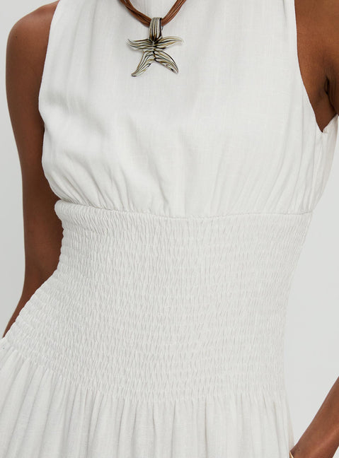 back view of model wearing Princess Polly Lilienne Shirred Maxi Dress White Crew Neck 