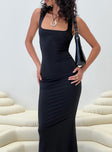 Front view of model wearing  front Princess Polly Square Neck  Emili Maxi Dress Black