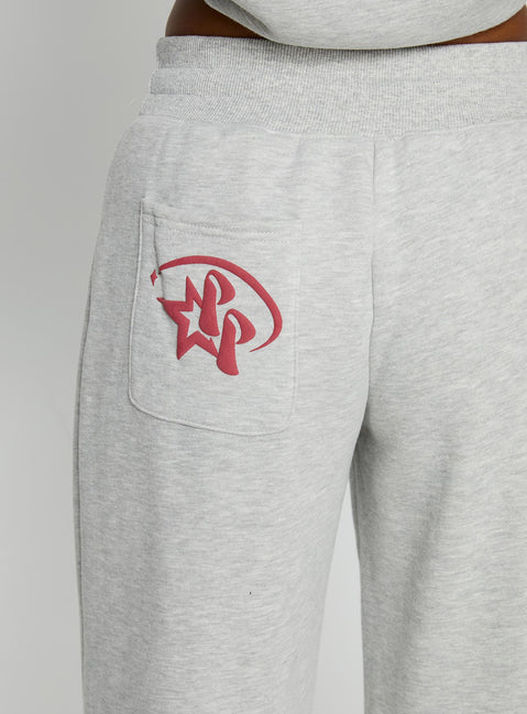 back view of model wearing Princess Polly Princess Polly Stargirl Wide Leg Sweat Pants Grey Marle High Rise Pants 