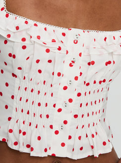 back view of model wearing Princess Polly Isadoria Frill Top White / Red Polka Sleeveless Square Neck 
