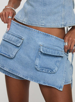 back view of model wearing Princess Polly Countryside Skort Classic Denim High Waisted Shorts 