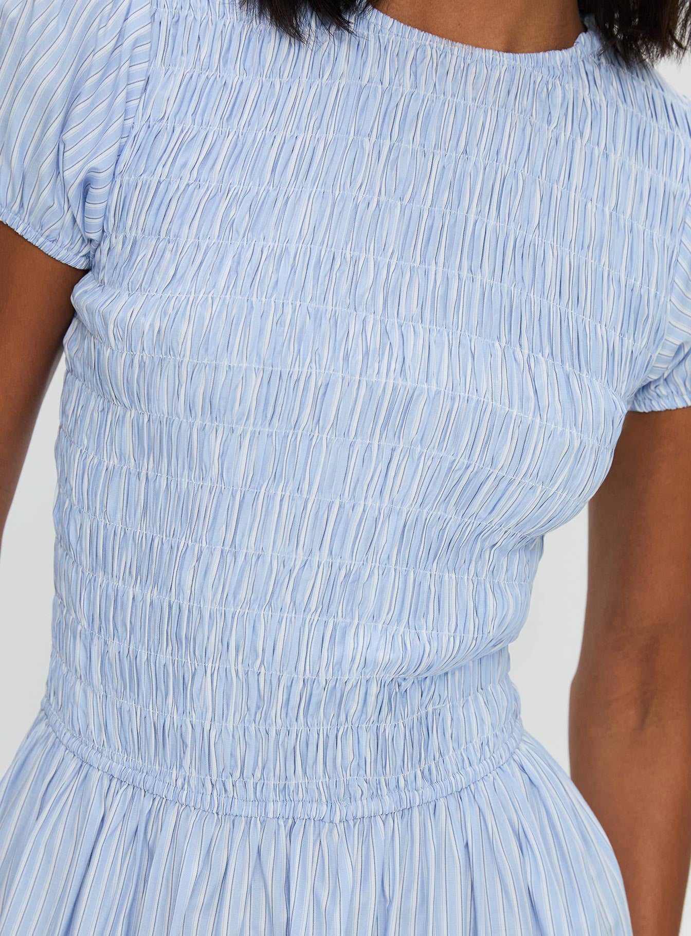 back view of model wearing Princess Polly Wendelin Shirred Maxi Dress Blue Stripe Crew Neck 