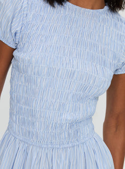 back view of model wearing Princess Polly Wendelin Shirred Maxi Dress Blue Stripe Crew Neck 