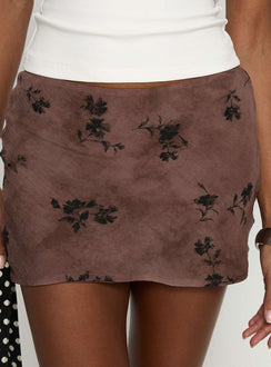 back view of model wearing Princess Polly Piazia mini skirt Brown Floral Mini Skirts 