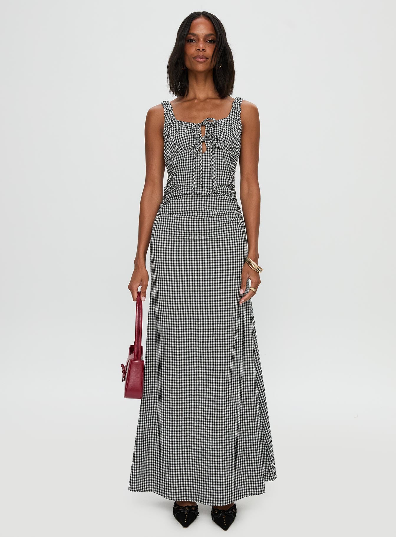 front view of model wearing Princess Polly Roundtrip Maxi Dress Black / White Scoop Neck 