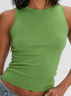 back view of model wearing Princess Polly Girl Almighty Top Green Sleeveless Crew Neck 