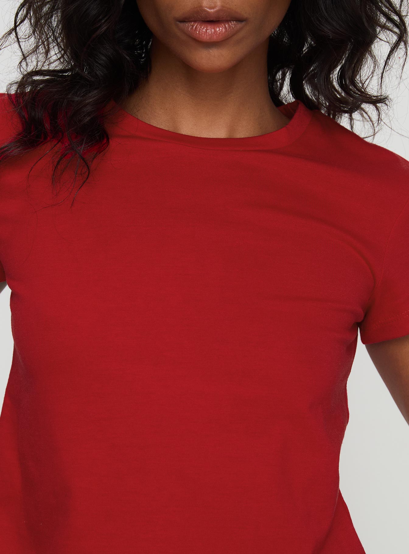 back view of model wearing Princess Polly Micah Tee Red Short Sleeves Crew Neck 