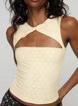 front view of model wearing Princess Polly Martiney Twisted Tank Top Yellow Sleeveless Crew Neck 