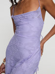 back view of model wearing Princess Polly Celena Maxi Dress Lilac Cowl Neck 