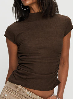 back view of model wearing Princess Polly Make A Plan Top Brown Short Sleeves High Neck 