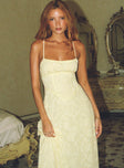 front view of model wearing Princess Polly South Of France Maxi Dress Yellow Square Neck 