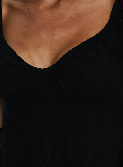 With Pleasure Puff Sleeve Linen Blouse Top Black