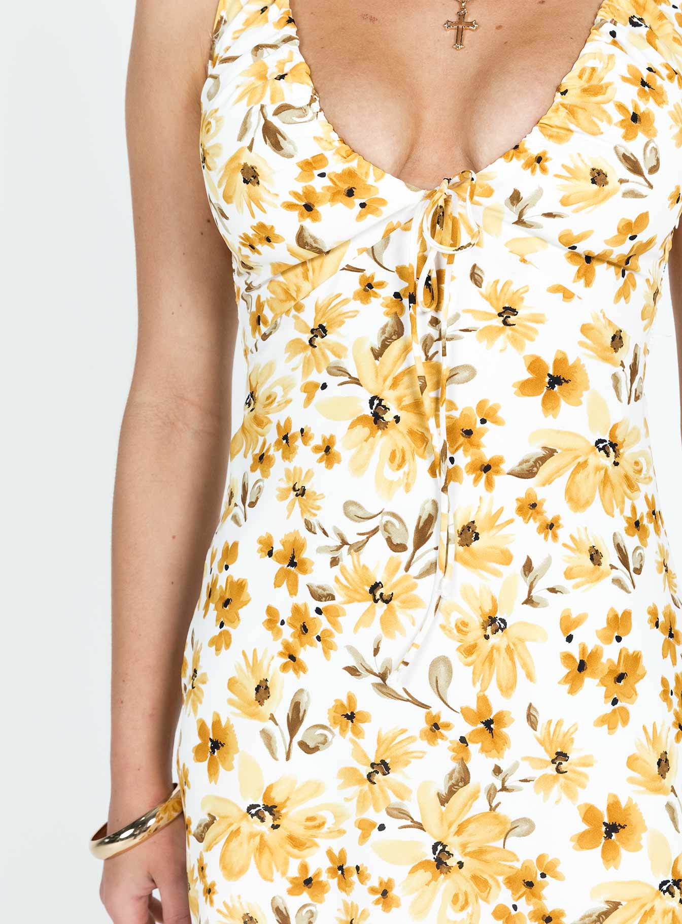 Front view of model wearing  front Princess Polly Crew Neck  Bareena Mini Dress Yellow Floral