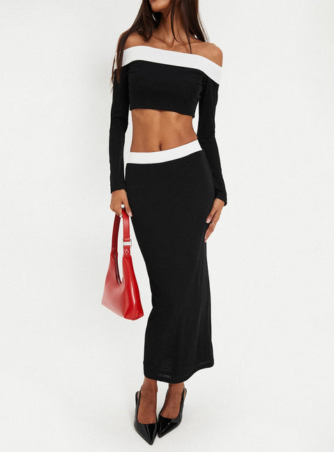 Matching Set Off-the-shoulder long-sleeve top, folded neckline, contrast white bust Elasticated neckline Lined body, good stretch  Slim fitting, midi length skirt, contrast white waistband Elasticated waistband