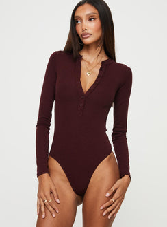 front view of model wearing Princess Polly Kandis Long Sleeve Bodysuit Burgundy Long Sleeve Tops 