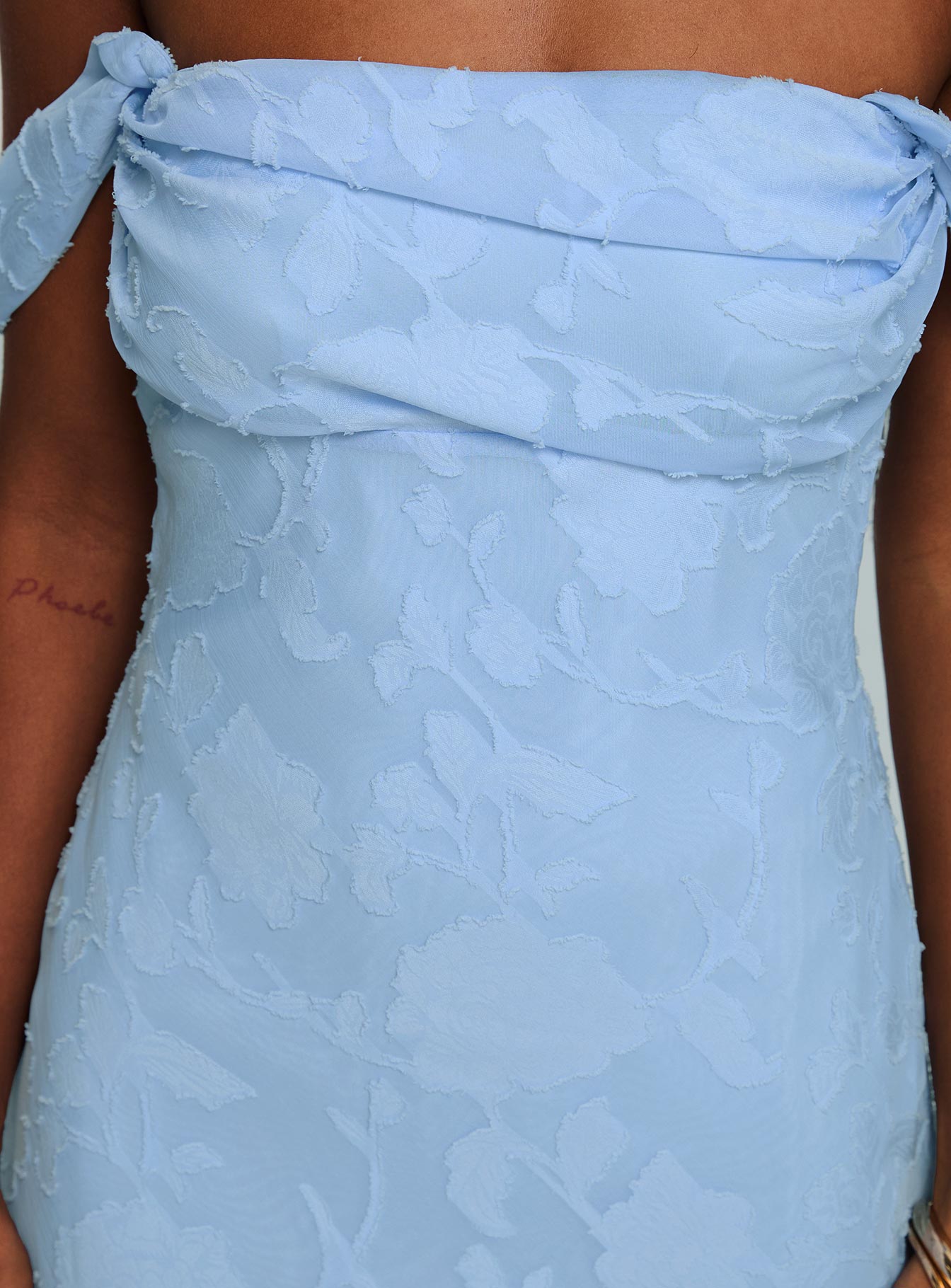 back view of model wearing Princess Polly Zabbarra Off The Shoulder Mini Dress Blue Straight Neck 