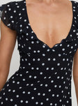 back view of model wearing Princess Polly I Guess So Mini Dress Black Polka Dot V-Neck 