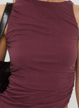 back view of model wearing Princess Polly Azera Cupro Top Burgundy Sleeveless Crew Neck 