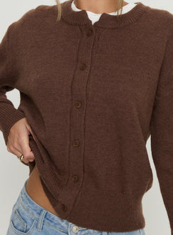 back view of model wearing Princess Polly Melancholia Cardigan Chocolate Longline Jumpers 