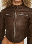 Biker jacket Faux leather, cropped fit, zip fastening, silver hardware, curved hem Non-stretch material, fully lined