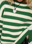 back view of model wearing Princess Polly Brando Knit Sweater Green / Cream Stripe Long 