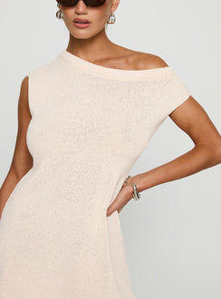 front view of model wearing Princess Polly Liberation Off The Shoulder Mini Dress White Asymmetric Neckline 
