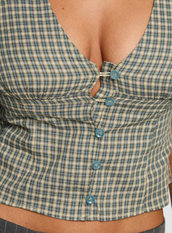 back view of model wearing Princess Polly Isolda Top Multi Check Short Sleeves Plunger 