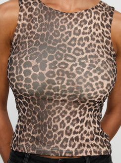 back view of model wearing Princess Polly Warm Honey Top Leopard Sleeveless Crew Neck 