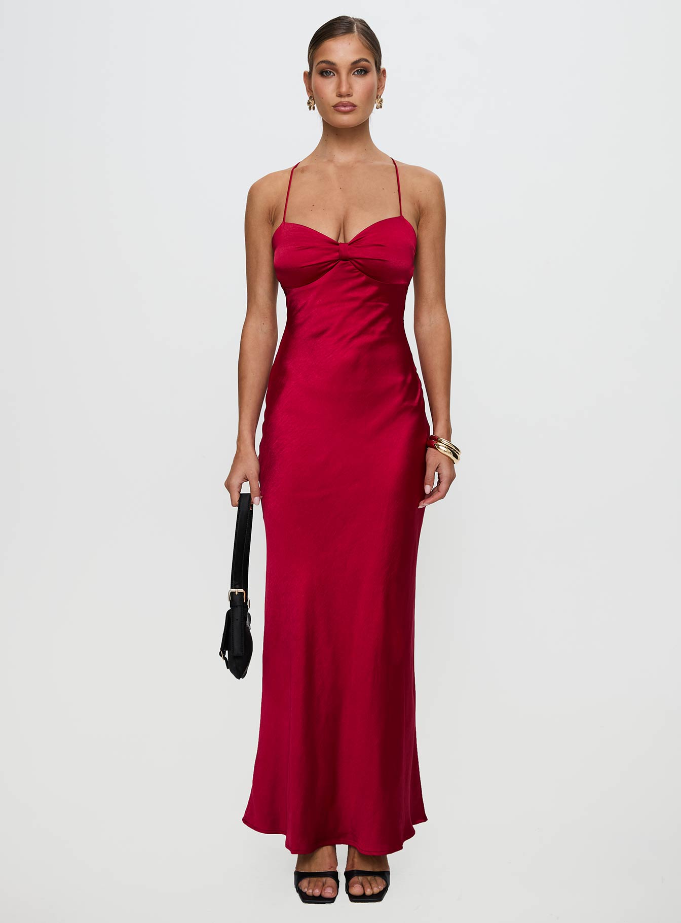 side view of model wearing Princess Polly Kristelle Maxi Dress Red Sweetheart Neckline 