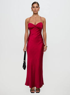 side view of model wearing Princess Polly Kristelle Maxi Dress Red Sweetheart Neckline 