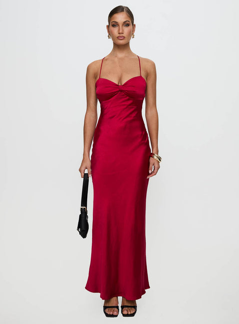 side view of model wearing Princess Polly Kristelle Maxi Dress Red Sweetheart Neckline 