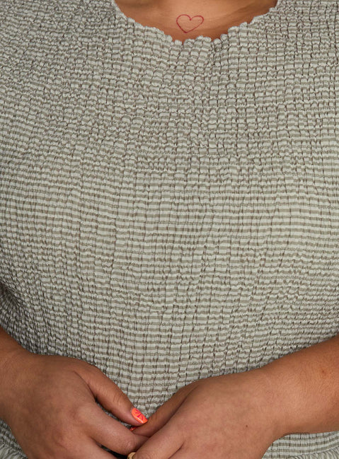 back view of model wearing Princess Polly Narnie Mini Dress Sage Curve Crew Neck 