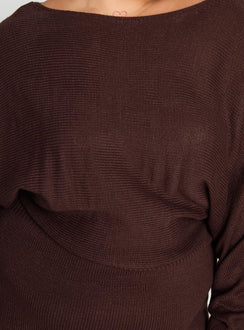 product Princess Polly Bellamie Long Sleeve Mini Dress Chocolate Curve Boat Neck 