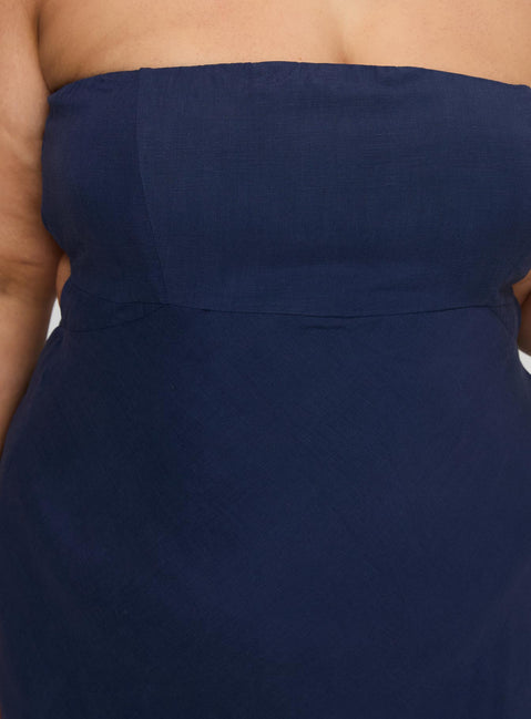side view of model wearing Princess Polly Yahir Strapless Maxi Dress Navy Curve Straight Neck 