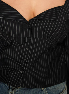 product Princess Polly Set For Life Foldover Detail Long Sleeve Top Black / White Pinstripe Curve Full Sleeves Sweetheart 