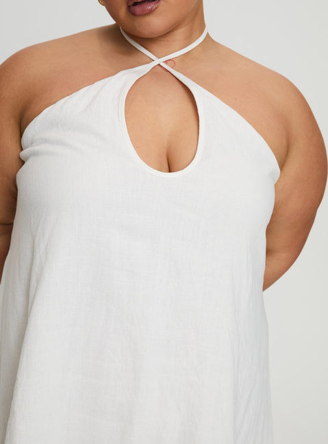 back view of model wearing Princess Polly Thomasina Linen Halter Dress White Curve 
