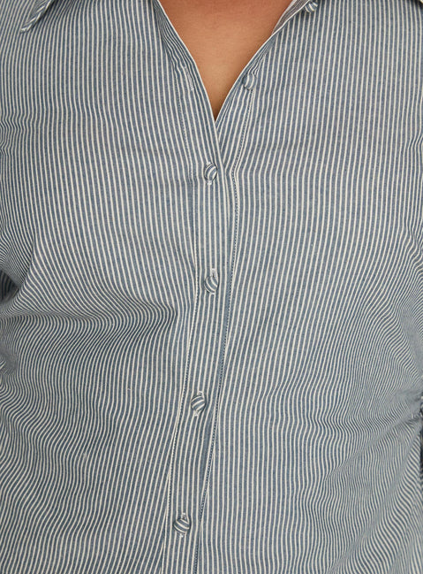 product Princess Polly Publicity Long Sleeve Mini Dress Blue Pinstripe Curve V-Neck 