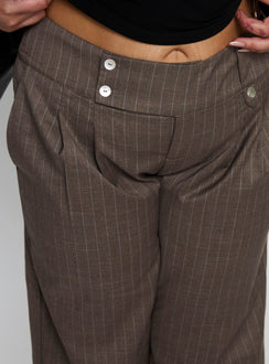 side view of model wearing Princess Polly Briellea Thick Waistband Pant Pinstripe Curve High Rise Pants 