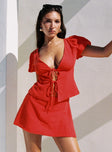 front view of model wearing Princess Polly Wilhelmina Blouse Top Red Short Sleeves Plunger 