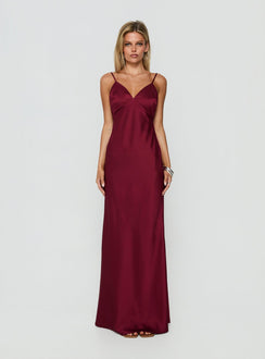 Flip A Switch Satin Lace Slip Maxi Dress Burgundy