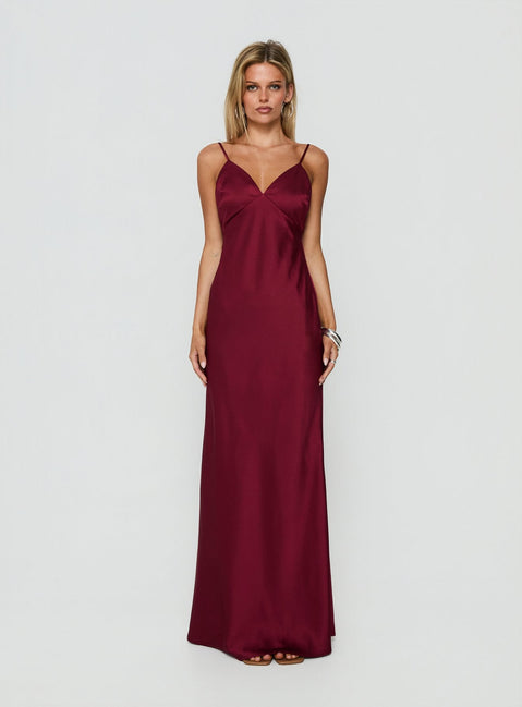 Flip A Switch Satin Lace Slip Maxi Dress Burgundy
